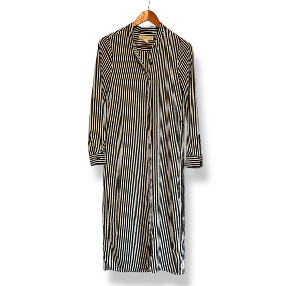 [Michael Kors] Black and White Striped Long Sleeve Dress
